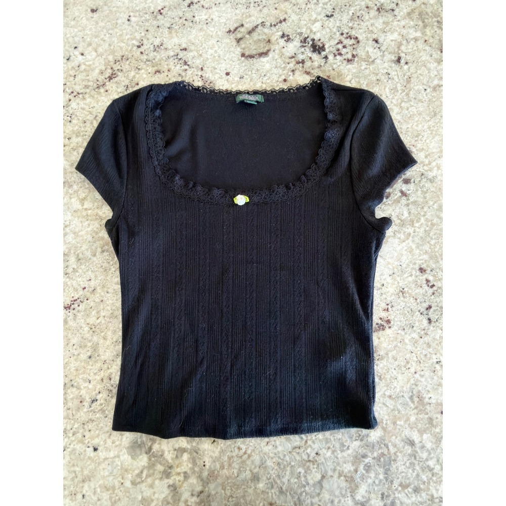 Black Lace Trim‎ Ribbed Short Sleeve Top Size S